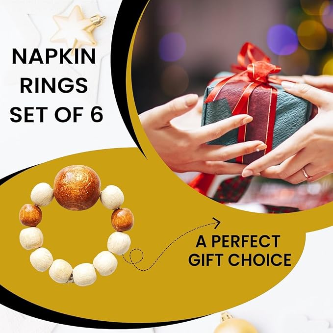 Napkin Rings Set of 6 - Modern Napkin Holder Rings with Wooden Beads | Dinner Napkin Ring for Holiday & Christmas, Birthday Party, & Wedding Decor - Farmhouse Napkin Rings Bulk (Dari)