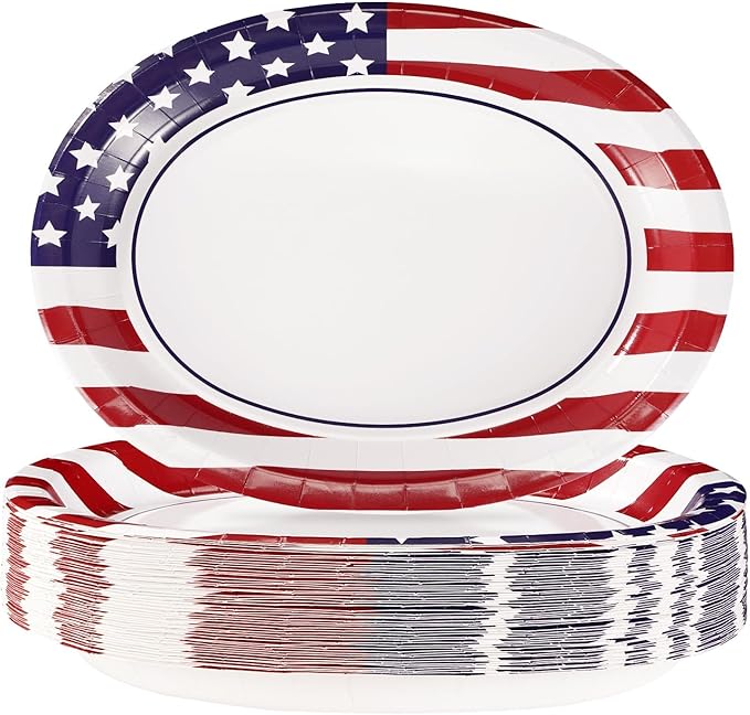 50Pcs Patriotic Oval Paper Plates 10" X 12" Large Heavy Duty American Flag Red Blue and White Plates 4th/Fourth of July Dessert Platters for President Election Memorial Independence Day Supplies