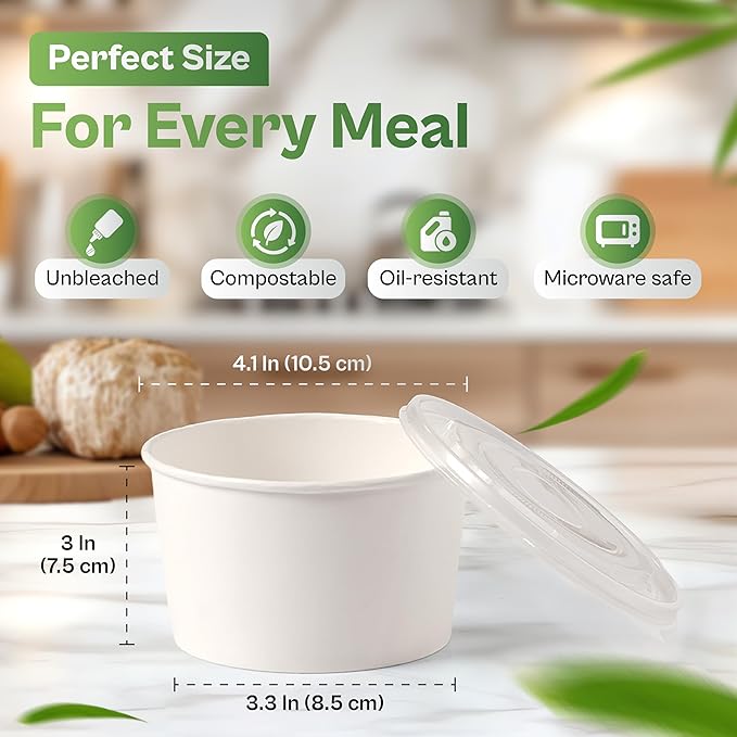 50-Pack 17 oz Paper Soup Containers With Lids – Disposable Soup Bowls To-Go, Leak-Proof, Microwavable & Freezer-Safe, Thick Dual-Wall Paper, SGS Tested to U.S. FDA 21 CFR PASS