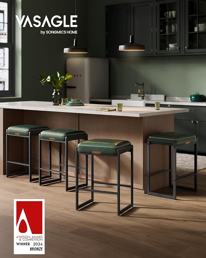 VASAGLE EKHO Collection - Bar Stools Set of 4, Counter Height Bar Stools, Synthetic Leather with Stitching, Mid-Century Modern Counter Stools, 26-Inch Tall, Kichen Home Bar Dining Room, Forest Green