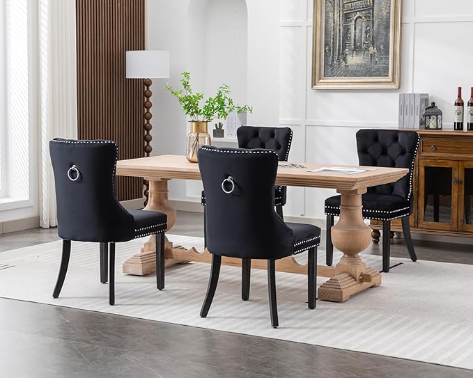 KCC Velvet Dining Chairs Set of 2, Upholstered High-end Tufted Dining Room Chair with Nailhead Back Ring Pull Trim Solid Wood Legs, Nikki Collection Modern Style for Kitchen, Black