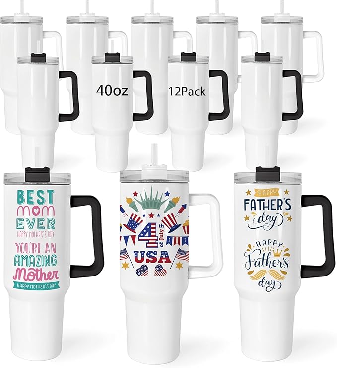 40 oz Sublimation Tumblers with White and Black Handle Lid and Straw 12 Pack Stainless Steel Double Wall Vacuum Insulated Travel Mug Cup Bulk Sublimation Blank for DIY Gift