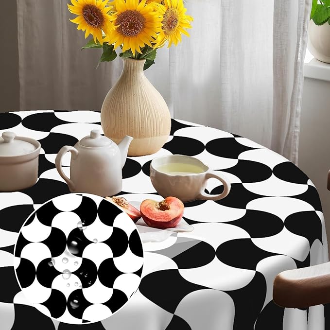 Laeacco 48 Inch Geometric Round Tablecloth Black and White Abstract Pattern Modern Art Print Table Cloth Washable Waterproof Wrinkle Free Table Cover for Kitchen Dining Picnic Party Decoration