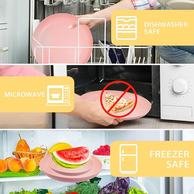 Supernal Pink Wheat Straw Dinnerware Sets,Unbreakable Dishes for 8, Plate and Bowls Sets, Reusable Plates, Dishwasher Safe Plates,Plastic Dinnerware Set, Pink Plastic Tableware