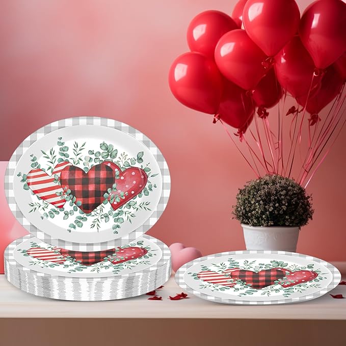 CHUNNIN 50Pcs Valentine's Day Party Supplies Valentines Party Oval Paper Plates 11.6 x 9.5in Eucalyptus Love Heart Disposable Tableware for Valentine's Day Anniversary Birthday Wedding Party Decor
