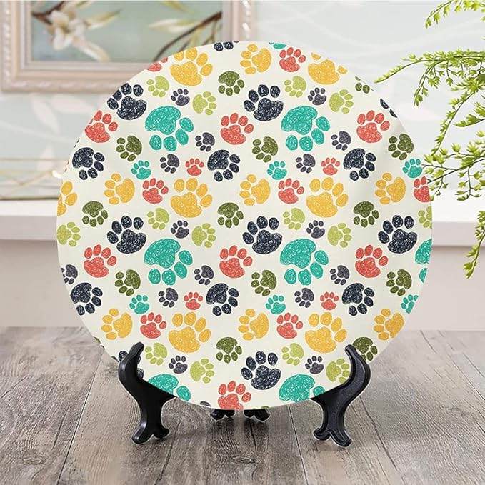 Ceramic Plates, Dog Lover Decorative Ceramic Plates, Cute Hand Drawn Paw Print Doodles, 6 Inch, for Dining, Parties, Wedding, Multicolor