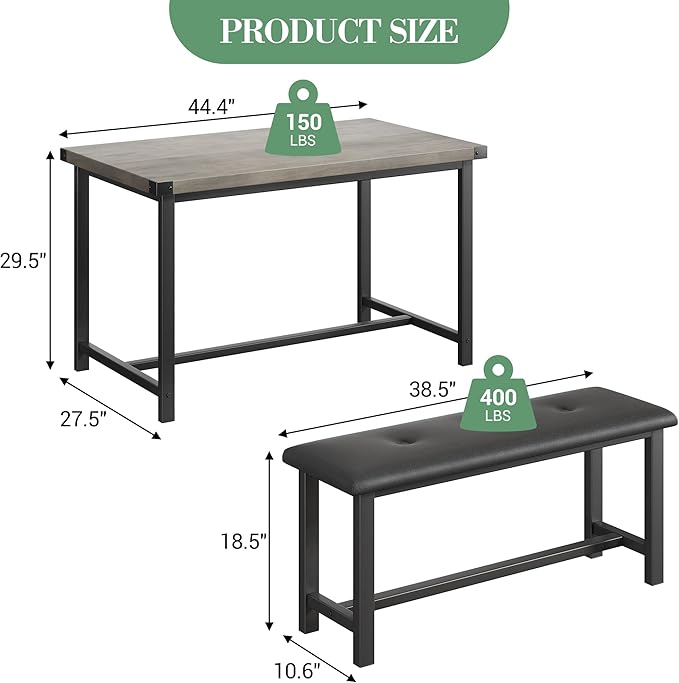 Garvee Dining Table with 2 Benches, Kitchen Table with 2 Upholstered Benches, 3 Piece Dining Table Set Space Saving for Apartment, Kitchen, 44.48" l x 27.58" w x 29.58" h, Grey
