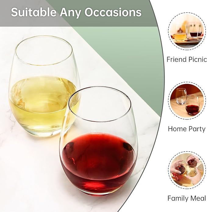UMI UMIZILI Stemless Wine Glass Set of 12, 14OZ Wine GLass for White Red Wine, Classic Shape Wine Glass with Smooth Rim, Crystal Clear