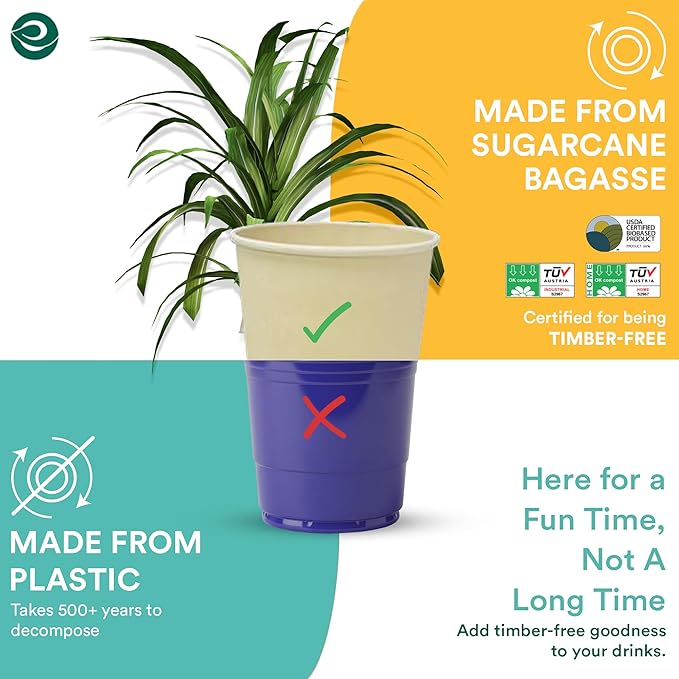 ECO SOUL 100 Pack 8 oz Disposable Coffee Cups Eco-Friendly, Biodegradable, Compostable, Leak-free & Sturdy To Go Hot Drink Travel Bagasse Cup for Tea, Chocolate, Party, Picnic & Cafe, Office & Home