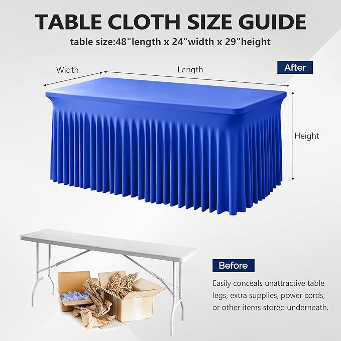 Wish Care 2 Pack Royal Blue Spandex Table Clothes for 6 Foot Rectangle Tables, 6FT Wrinkle Free Fitted Tablecloths Ruffles Design Table Cloth for Party, Banquet, Wedding and Events