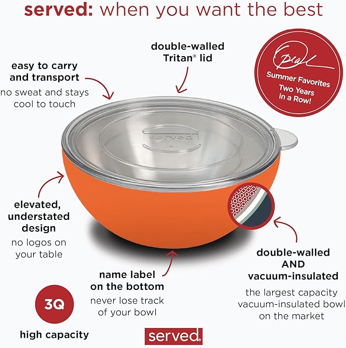 served Large Insulated Serving Bowl with Lid (100oz/3QT) - Double-Walled Stainless Steel Bowl for Hot & Cold Food - Vacuum Insulated, Spill-Resistant Thermal Bowl for Parties, Casseroles, Tailgates