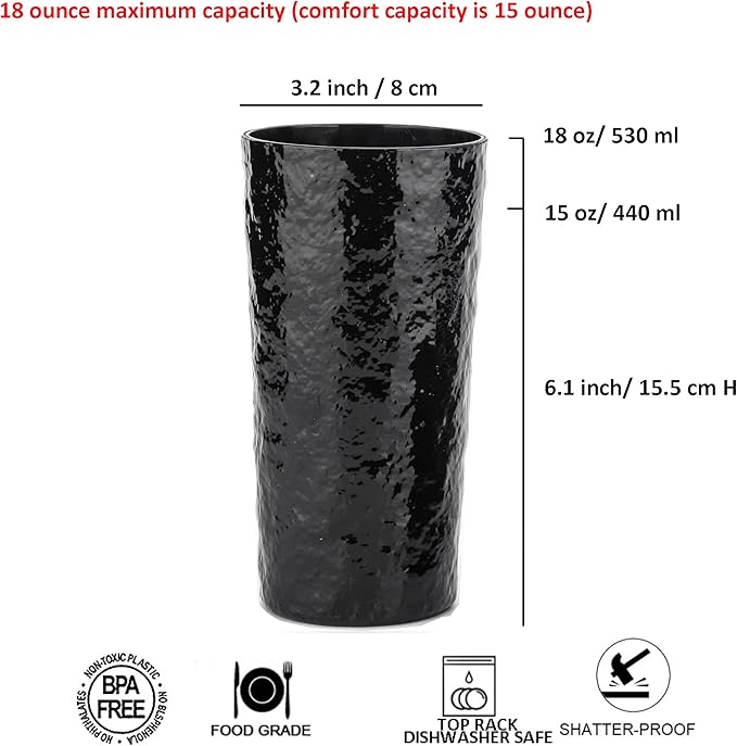 KX-WARE 18-ounce Acrylic Highball Glasses Plastic Tumbler, set of 8 Black