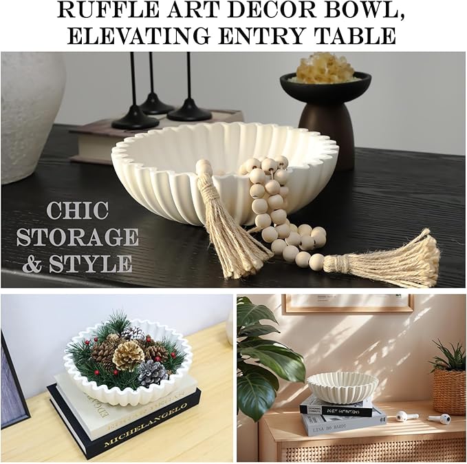 Decorative Bowl for Home Decor - White Large Decorative Fruit Bowls for Candy - Scalloped Ruffle Centerpiece key Bowl - Morden Round 10" Aesthetic Coffee Entry Table Decor With Wood Beads