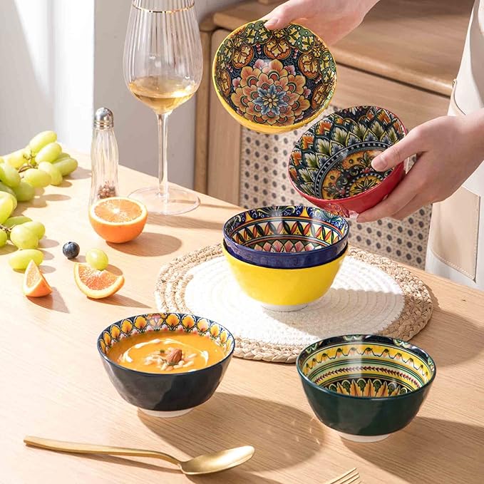 Henten Home Small Dessert Bowls Set of 6, Ceramic 12 oz Rice Bowls Set, Porcelain Colorful Serving Bowls for Snack, Ice Cream, Salad, Bohemia Style, Microwave & Dishwasher Safe