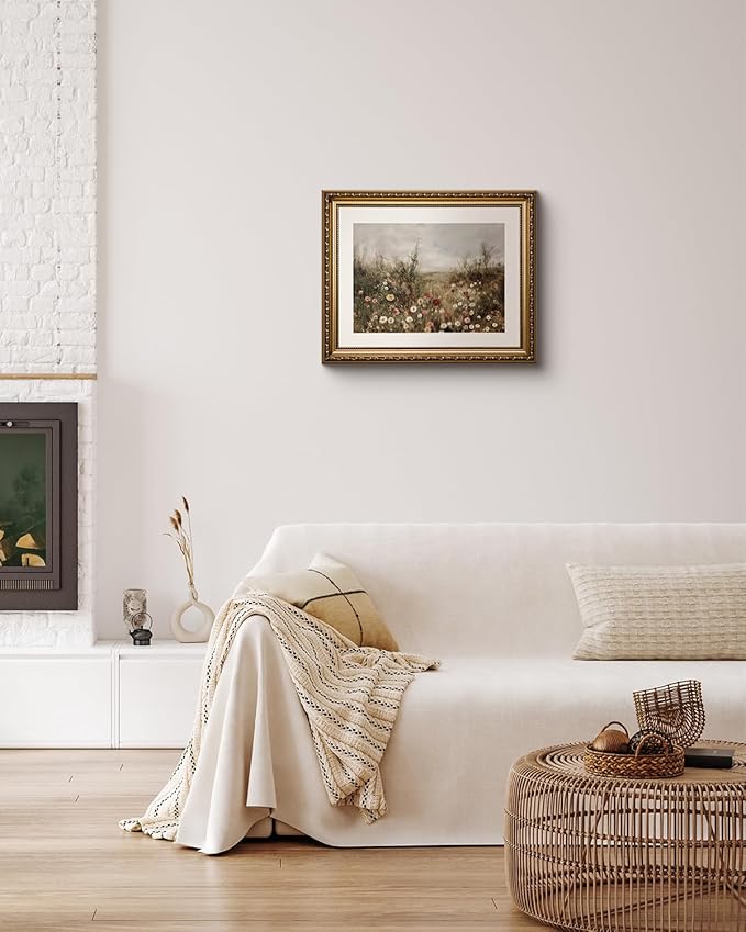 InSimSea Gold Picture Framed Wall Art, Living Room Classical Wildflower Field Meadow Flowers Canvas Print Wall Decor, Vintage Landscape Home Farmhouse Decor, Antique Paintings with Frame 13x16inch