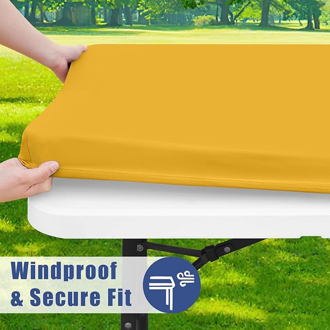 Spandex 6 Foot Rectangle Table Cloth 2 Pack, Elastic Fitted Tablecloths for Picnic, Stretch Washable Patio Table Cover for Outdoor, Camping, Banquet and Parties (Mustard Yellow, 30"x72")