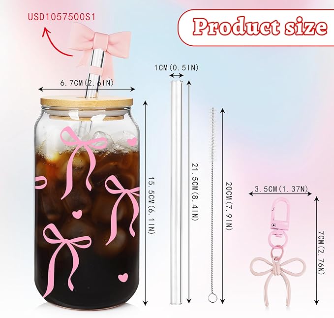 Mason Life Coquette Pink Bow Cute Glass Cups with Lids 2Pack 18OZ Cute Tumbler Glass Cup with Keychains and Straw Covers for Valentines Day Gift Iced Coffee Smoothie Cocktail Matcha Milk Mother's Gift