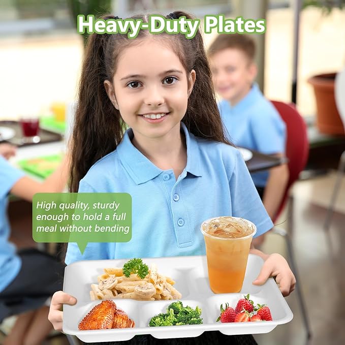 Compostable 5 Compartment Plates Disposable, 10.25 x 8.25 inch, 125 Pack Divided Paper Plates Heavy Duty, Biodegradable Eco-Friendly Bagasse Sectional School Lunch Trays, White 10 inch