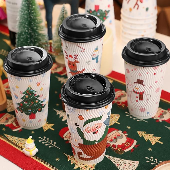 100 Count Christmas Paper Cups, Xmas 16 oz DisposableCoffee Cups Snowflake Santa Snowman Elk Christmas(16oz 100Count)