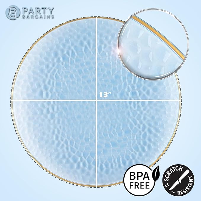 PARTY BARGAINS 13-Inch Charger Plates - 8 Pack, Hammered Blue Gold Rim, Heavy-Duty Disposable Chargers for Elegant Dining - Ideal for Weddings and Formal Events