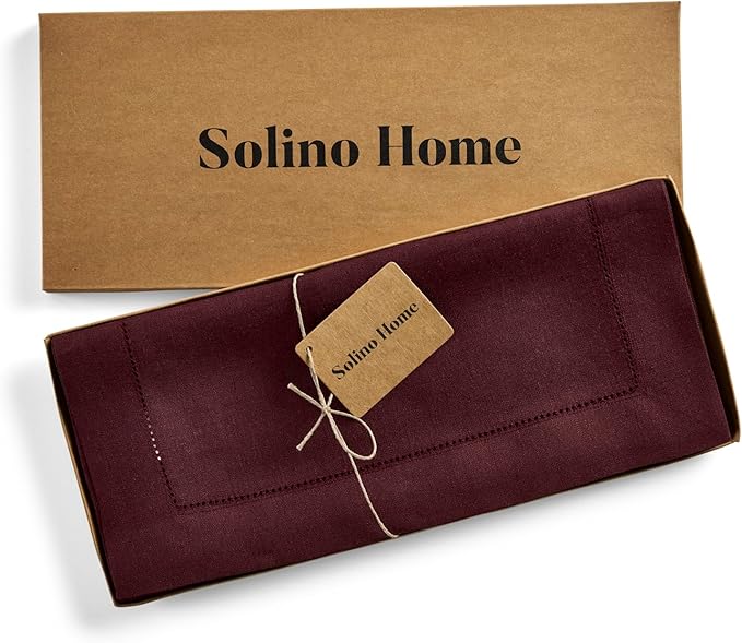 Solino Home Linen Burgundy Table Runner 90 Inches Long - 100% Pure Linen 14 x 90 Inch Table Runner for Valentines, Winter - Classic Hemstitch