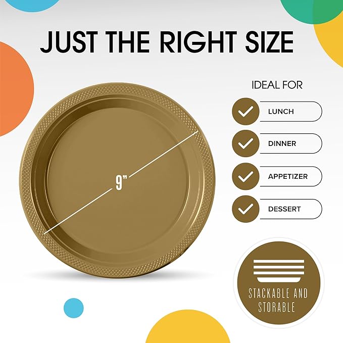 Gold Plastic Plates For Party 9" Gold Disposable Plates Heavy Duty 100 Pcs Plastic Dinnerware Sets Heavy Duty 350 GSM Disposable Dinnerware Set