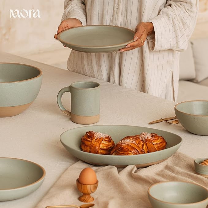 MORA Large Plates Set of 4, 10.5 inch Ceramic Pottery Dinner Plates - Microwave, Oven and Dishwasher Safe - Thyme
