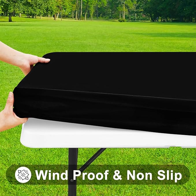Smiry Rectangle Tablecloth, Elastic Fitted Flannel Backed Vinyl Tablecloths for 8ft Folding Tables, Waterproof Wipeable Table Covers for Indoor, Outdoor, Picnic and Camping (Black, 36"x96")