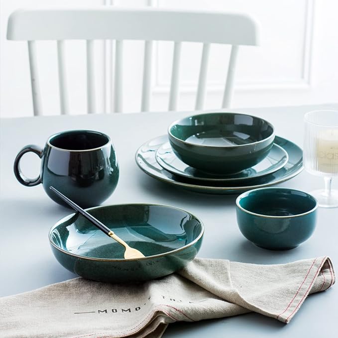 UNICASA Ceramic Pasta and Salad Bowls Set of 4, 26 oz Reactive Glaze Dish Bowls, Microwave and Dishwasher Safe, Olive
