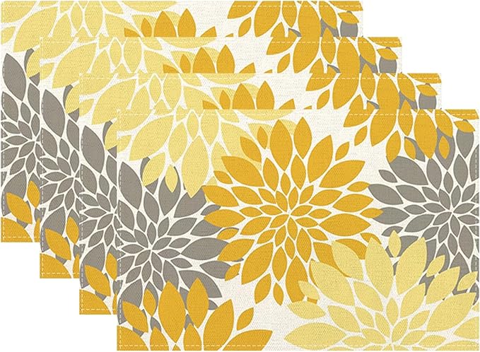 Boho Placemats 12x18 Inches Set of 4, Yellow Gray Dahlia Floral Decorative Place mats Fall Rectangle Flower Table Mats for Party Home Kitchen Dining Table Decor
