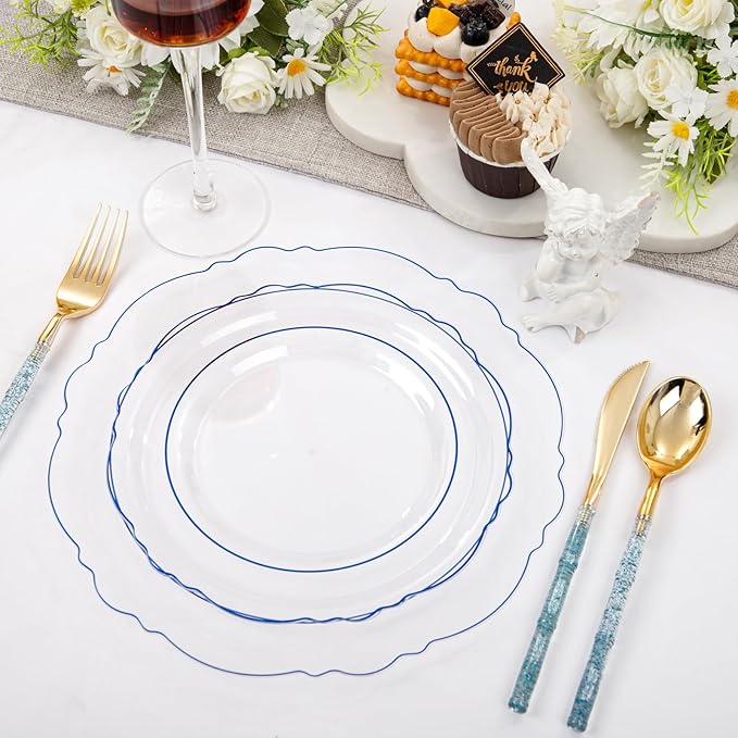 Liacere 150PCS Clear and Blue Plastic Plates-Clear and Blue Disposable Plates with Glitter Bamboo Handle Cutlery-60 Baroque Elegant Plates, 30 Forks, 30 Spoons, 30 Knives for Wedding＆Christmas