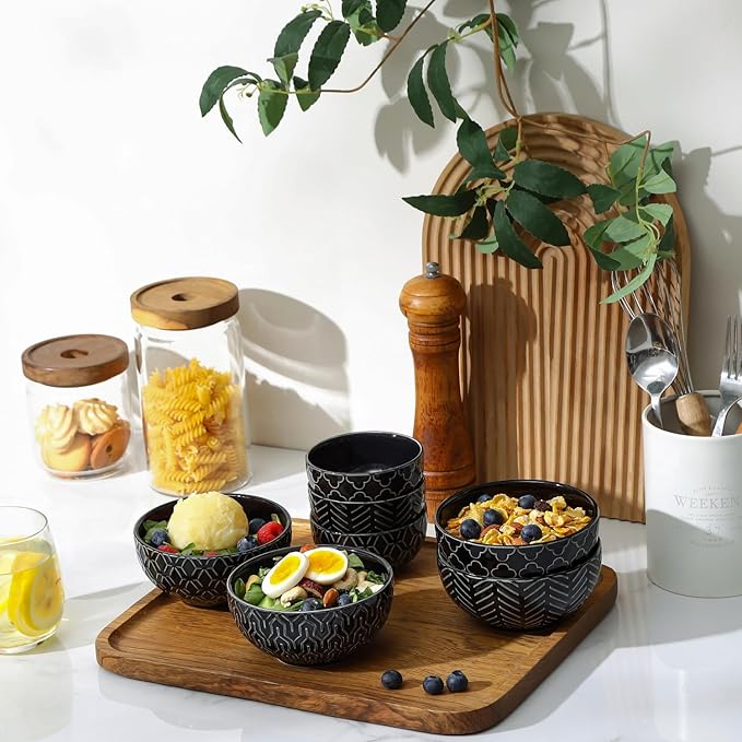 Sureasy Small Bowls 4 OZ, 3.5 Inch Dipping Bowls, Ceramic Embossed Mini Bowl for Side Dishes, Sauces, Appetizer, Housewarming, Set of 4, Black