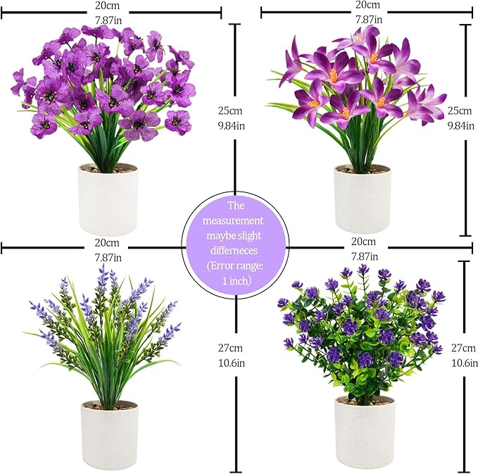 4 Packs Artificial Pot Flowers, Mini Purple Fake Potted Flowers Small Faux Plants Indoor for Home Office Bathroom Farmhouse Tabletop Spring Decor