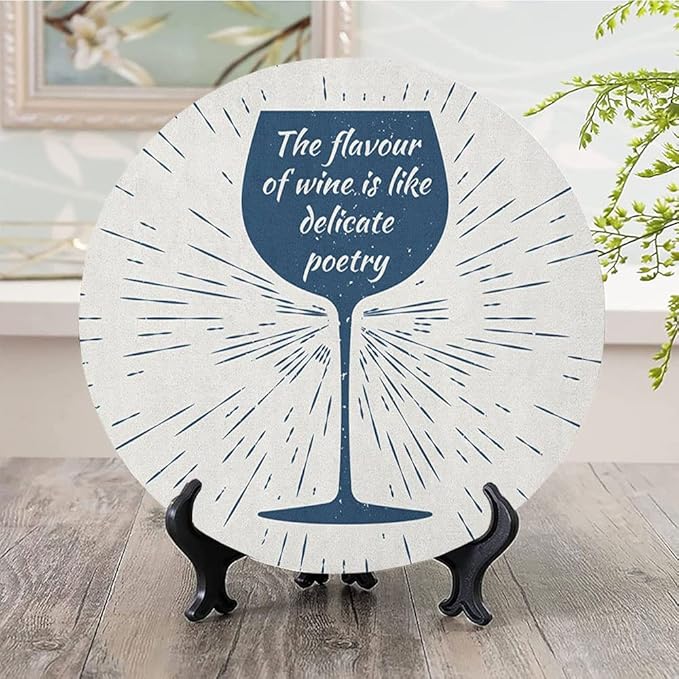 Decorative Plates, Wine Print Ornament, Wine Glass and Vintage Sun Burst Frame, 7 Inch, Kitchen Wall Decor, Night Blue White
