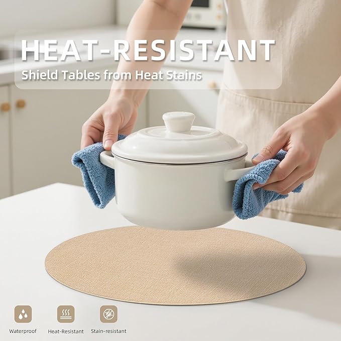 Round Wipeable Placemats Set of 4 – Faux Leather Round Table Mats, Waterproof & Washable Vinyl Placemats, Circle Design for Dining Table Decor– Warm Tan