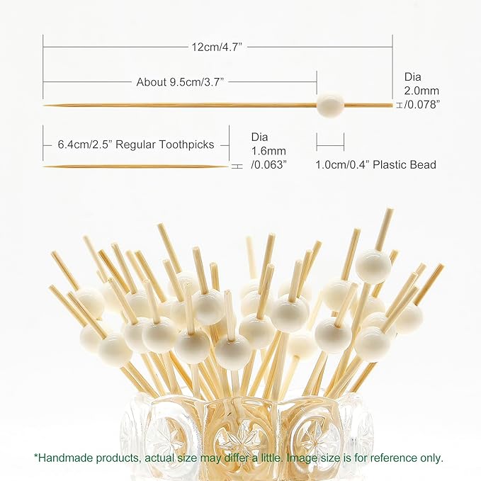 Minisland Milky White Pearl Cocktail Picks, 4.7 Inch Long Bamboo Fancy Toothpicks for Appetizers, Decorative Easter Holiday Wedding Party Food Drink Garnish Fruit Skewer Sticks 100 Counts - MSL455