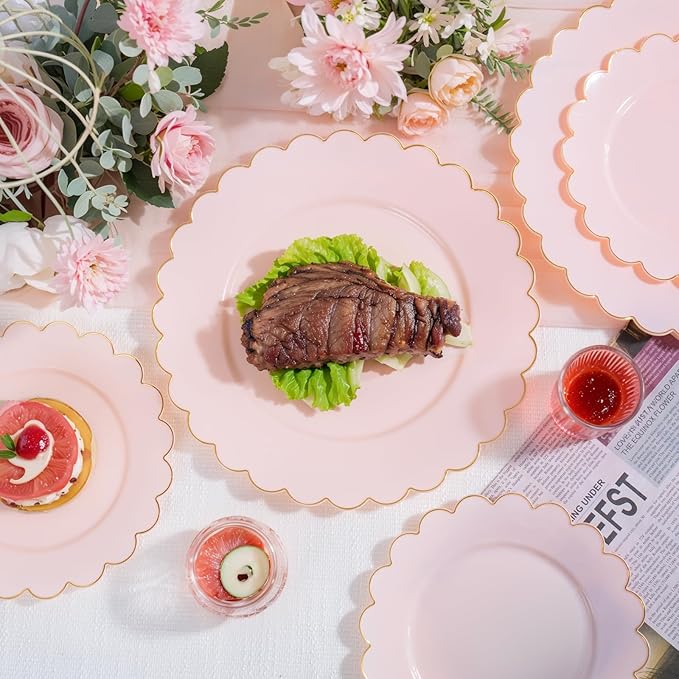 LIYH 120 Pcs Pink Plastic Plates Disposable - Pink Disposable Plastic Plates Set for Party Includes 60 Dinner Plate 10.25" & 60 Dessert Plate 7.5" Elegant Gold Rim for Party Birthday