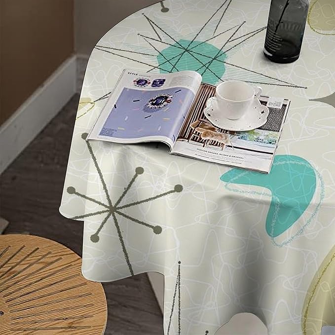 Mid Century Round Tablecloth, Modern Atomic Abstract Geometric Pattern Tablecloth for Home Party Dining Room Kitchen Decorm 70Inch(178cm)