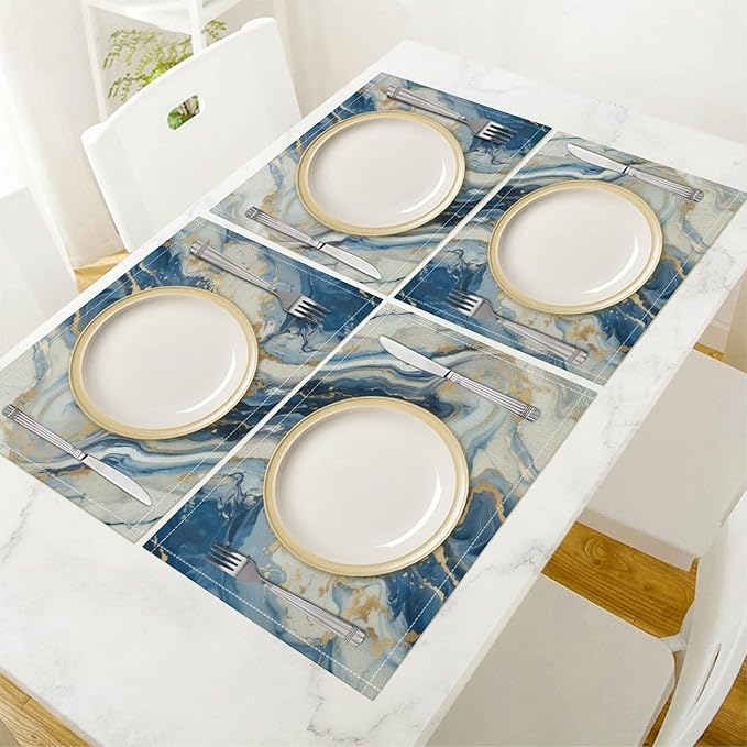 Marble Linen Placemats Set of 4, Modern Luxury Foil Texture Blue White Gold Marble 12x17 Inch Washable Table Mats Non Slip Placemats for Wedding Party Kitchen Banquets Dining Decoration