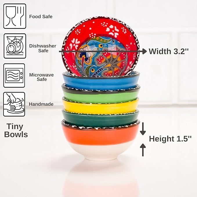 BCS Ceramic Pinch Bowls Set of 6, Small Bowls for Dipping - Cooking Prep & Charcuterie Board Bowls, Soy Sauce Dish, Handmade Multicolor Decorative Serving Dishes (3.2'' - 3 oz)