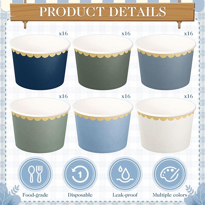 Zopeal 96 Pcs Winter Disposable Ice Cream Bowls 9oz Dusty Blue and Green Gradient Color Paper Snack Cups with Gold Scallop for Parties, Weddings, Baby Showers, Desserts, Yogurt, and Salads
