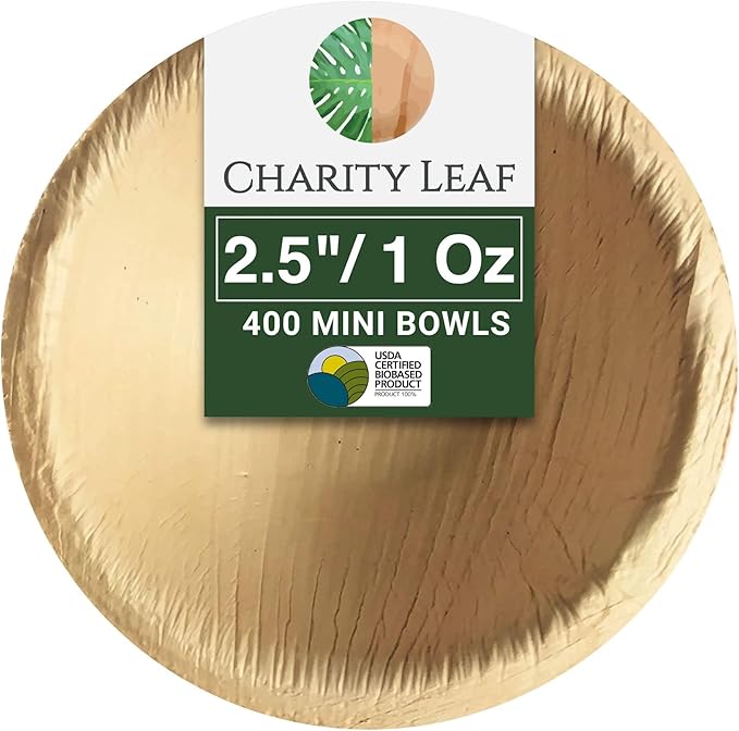 Charity Leaf Disposable Palm Leaf 2.5" Round Mini Bowl (400 pcs) Dipping Bowls | Bamboo Like| All Natural and Biodegradable | Charcuterie Boards, BBQs, and Parties