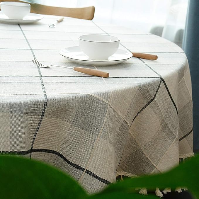 Dimatic Heavy Weight Cotton Linen Tablecloth, Plaid Tassel Round Table Cover for Kitchen Dining Room Tabletop Decorations, Round - 63", Grey Check