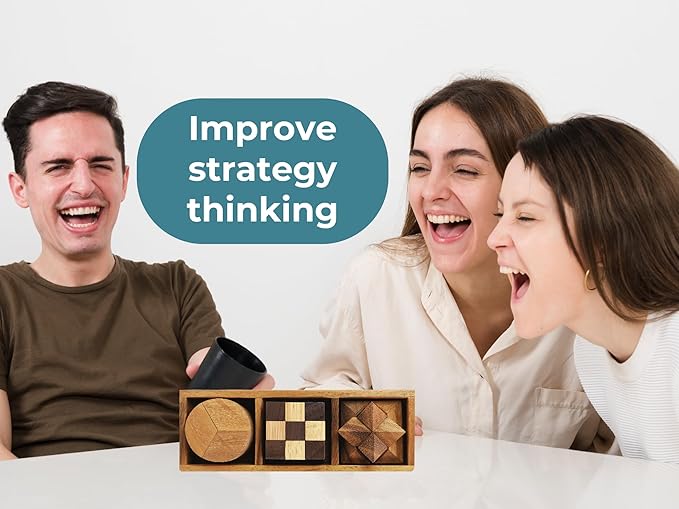 BSIRI 3 Puzzles in a Box - Wooden Brain Teaser Puzzle, 3D Mind Puzzle for Adults, Educational Kids Games, and Brain Games for Kids, Ideal for Birthday Gifts and Patio Decor