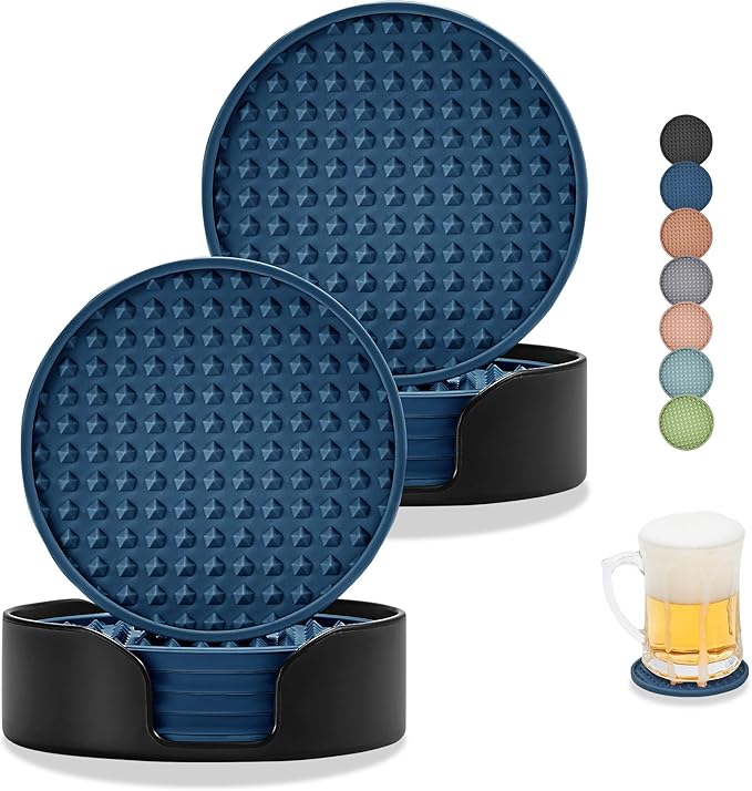 Coasters for Drinks, Silicone Coasters Set of 12 with ABS Holder, Outdoor Coaster for Coffee Table, Non-Slip Rubber Table Cup Mat Desk, Heat Resistant & Scratch-Proof (Navy Blue)