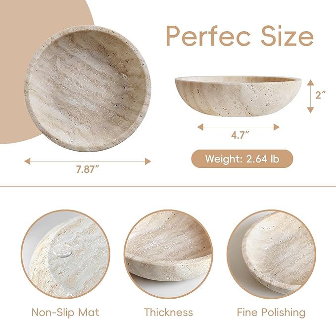 Marble Decorative Bowl for Kitchen Counter, Natural Travertine Serving Bowl with,Modern Display Bowl for Dining Table Centerpiece Home Decor(7.8 Inch)