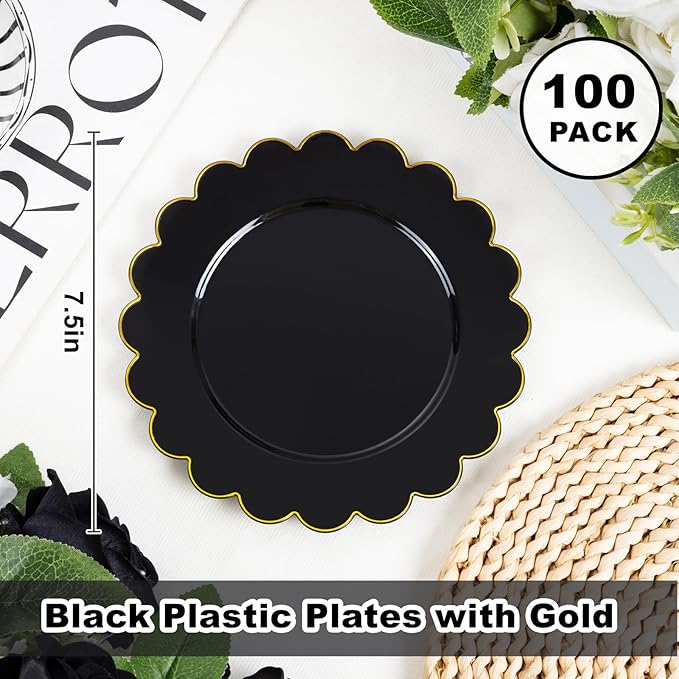 LIYH 100 Pcs Black Plastic Scalloped Plates - Disposable Dessert Plates with Elegant Gold Rim Cake Plate Disposable for Salad Parties Cass Reunions Wedding