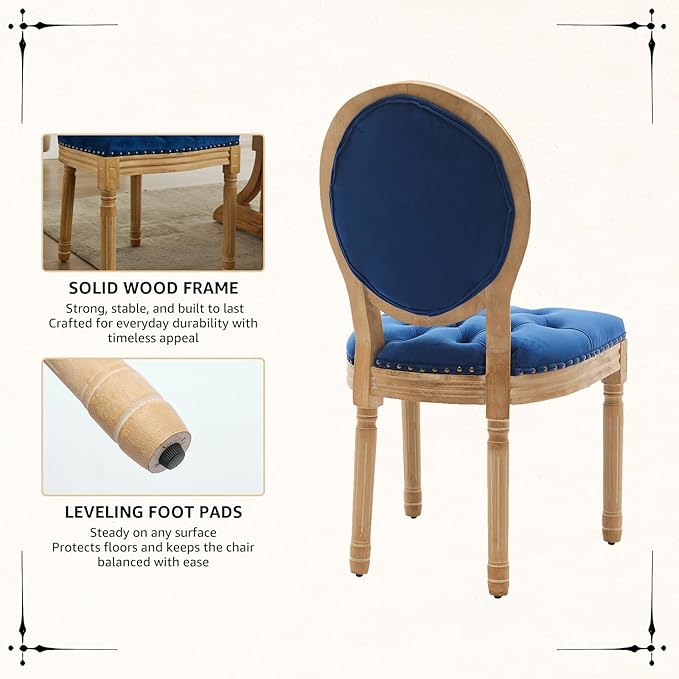 Vintage French Dining Chairs Set of 6, Round Back Velvet Upholstered Accent Chairs with Nailhead Trim and Solid Wood Frame, Elegant Sillas de Comedor for Dining Room & Kitchen, Blue
