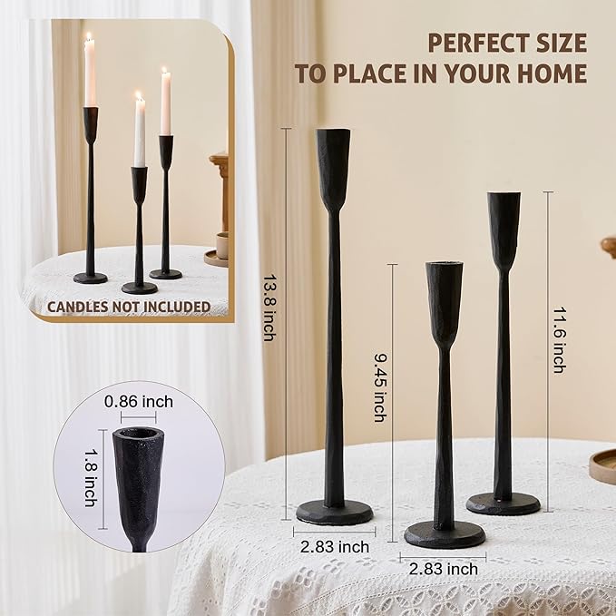 Cast Iron Taper Candle Holder Set of 3, Heavyweight Tall Candlestick Holders, for Fireplace Mantle & Dining Table, Versatile Decor for Wedding, Holiday, Home & Christmas (Black)