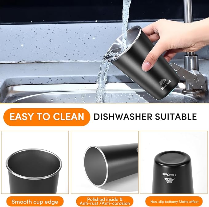 4 Pack Stainless Steel Cups 16oz -Black Stackable Metal Drinking Glasses for Camping, Travel, Shatterproof Tumblers
